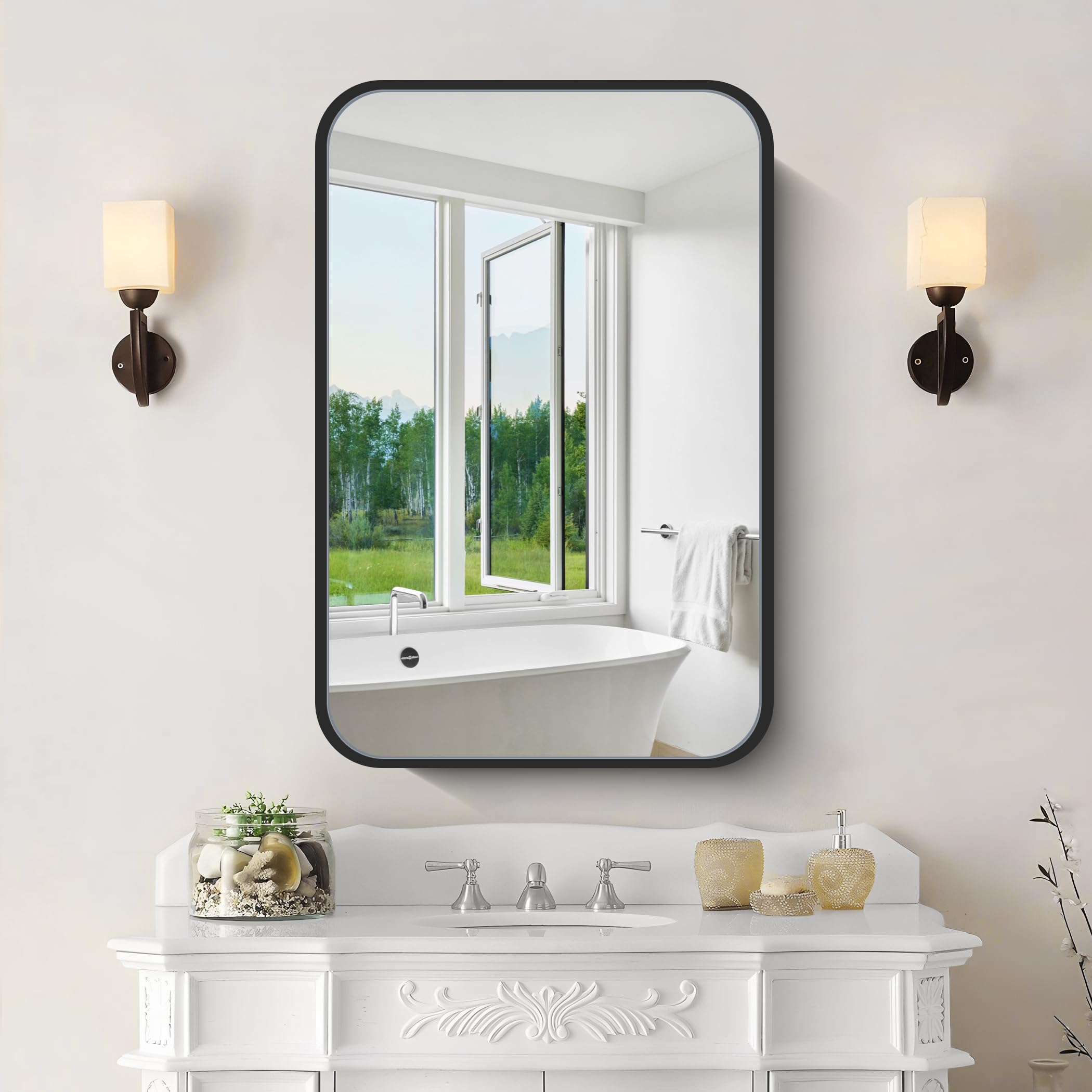 NIMURY Recessed Medicine Cabinet with Mirror, Metal Framed 16x24In Bathroom Mirror with Storage, Rounded Rectangle Vanity Mirror with Cabinet, Black Wall Cabinets for Bathroom Storage