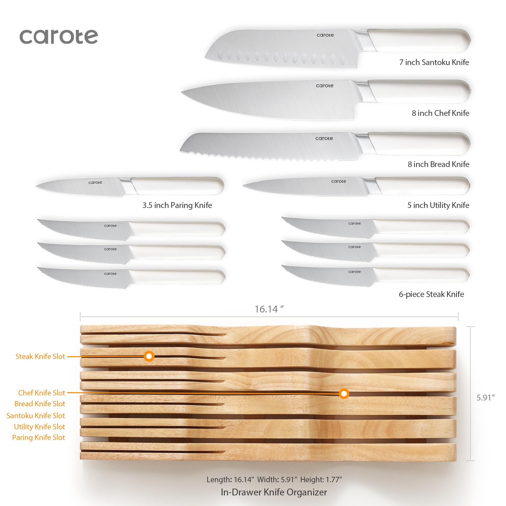 CAROTE 12PCS Knife Set, Stainless Steel Kitchen Knife Set with Drawer Store Kinife Organizer, Cutlery Knife Set with Block, Dishwasher Safe, White (Include Knives)