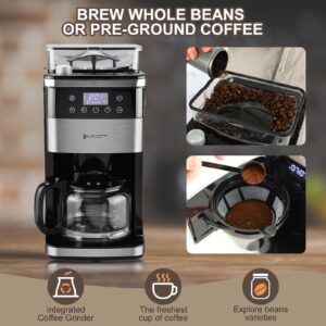 Homtone 10-Cup Coffee Maker with Burr Grinder Built-in,Programmable Grind & Brew, Smart LED Touchscreen Auto Drip Machine, 950W, Black/Stainless Steel, Customizable Strength & Grind Size