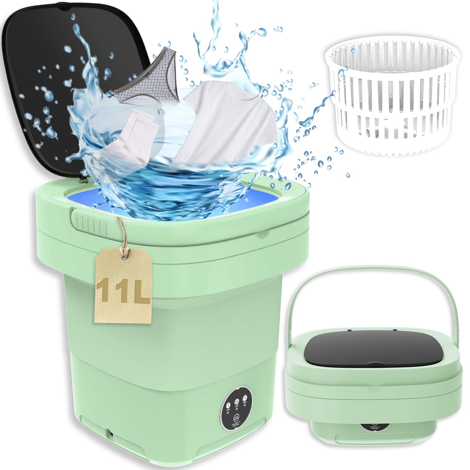 Mini Washing Machine, 11L Large Foldable Portable Washing Machine with Spin Dryer, Small Collapsible Laundry Washer for Travel, Apartment, Underwears, Socks, Baby Clothes (Green)