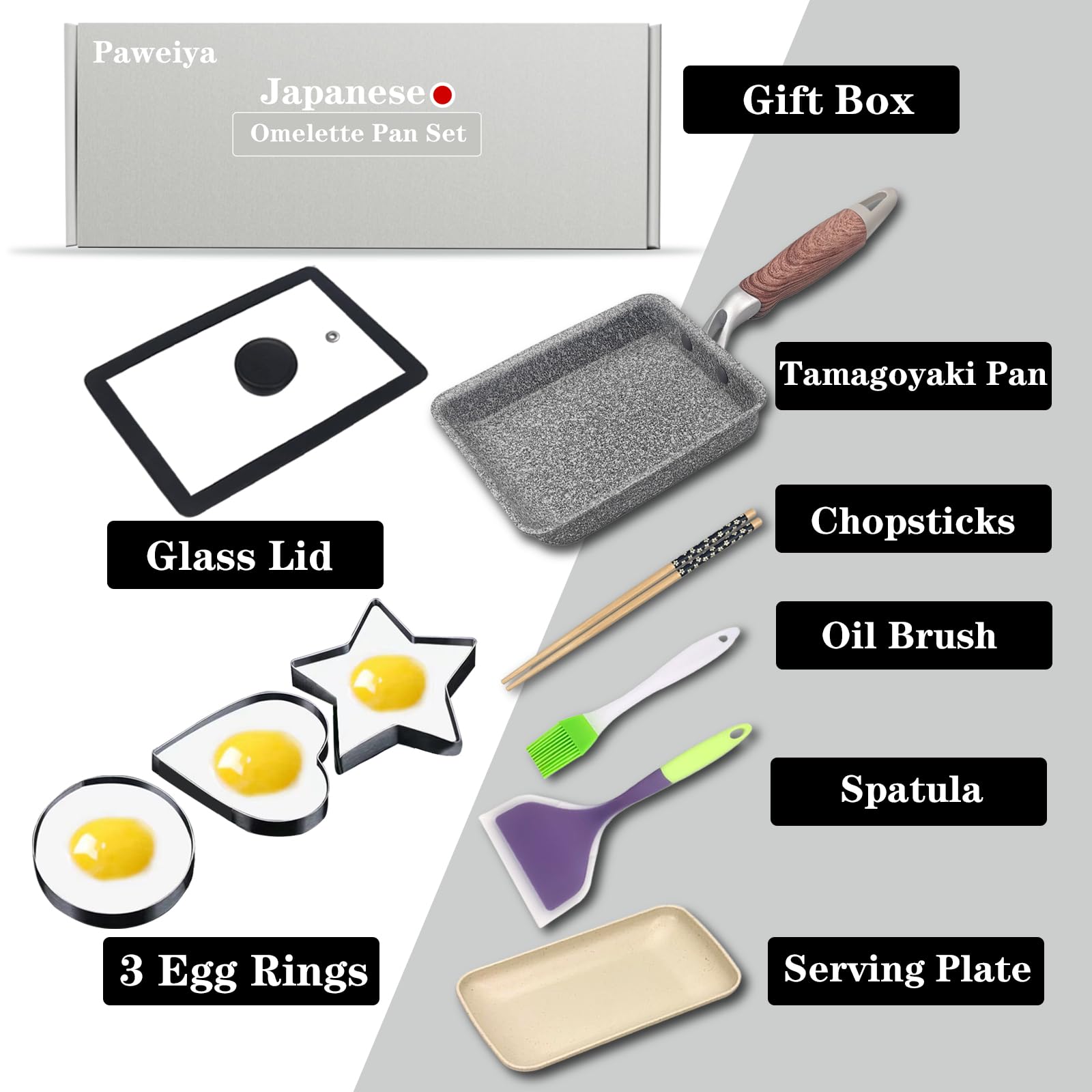 Paweiya Tamagoyaki Pan Set with Lid, Japanese Omelette Pan Nonstick, Square Japanese Egg Pan, Tamago Pan Rectangle, 5"×7" Grey