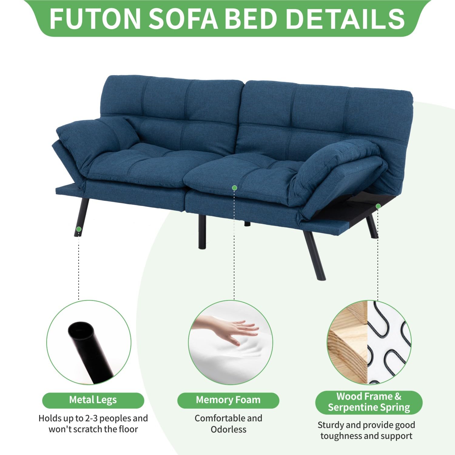 MUUEGM Futon Sofa Bed,couch bed,Memory Foam Futon Sofa,Convertible Sofa Bed for Compact Living Spaces,Apartment,Office,Sleeper Sofa,71"*33"*31.5",Blue Fabric