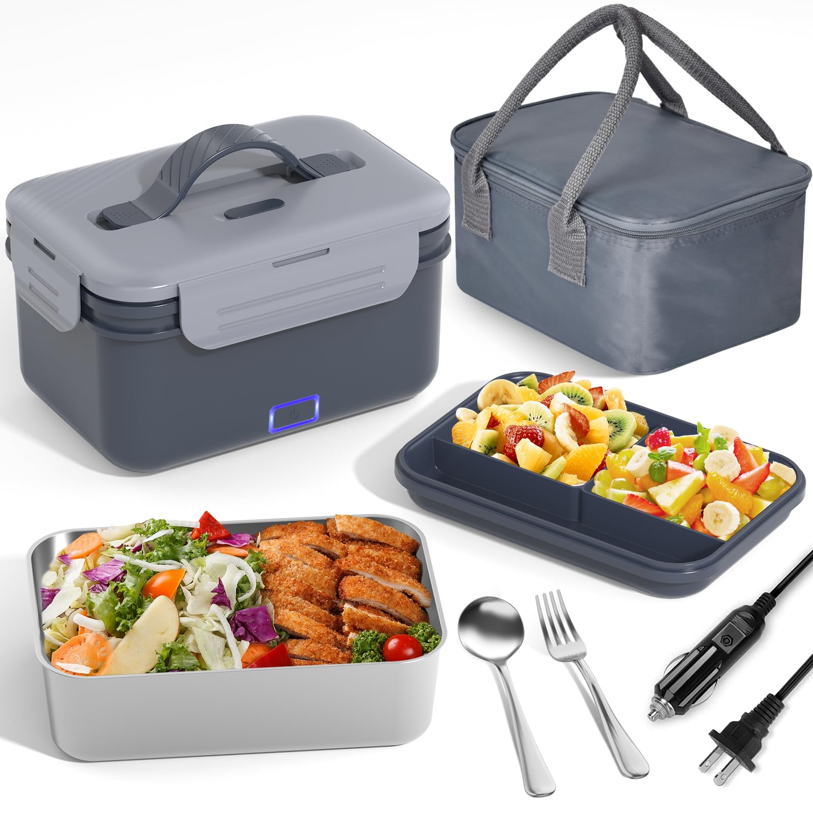 Vabaso Electric Lunch Box for Adults, 100W Heated Lunch Box for Car/Truck Home/Work, Portable Food Warmer Heating Lunch Box with 1.8L/61oz Stainless Steel Container, 12V/24V/110V/220V