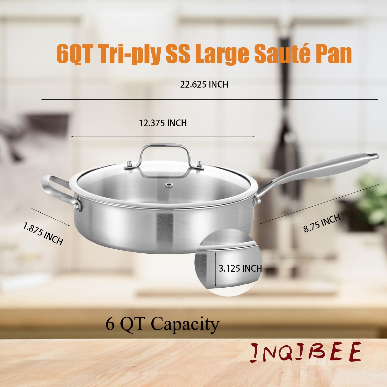 Inqibee 6 QT Tri-Ply Stainless Steel Sauté Pan with Lid, 12 Inch Induction Deep Frying Pan, Large Skillet,Jumbo Cooker, Dishwasher and Oven Safe,Detachable Handle.