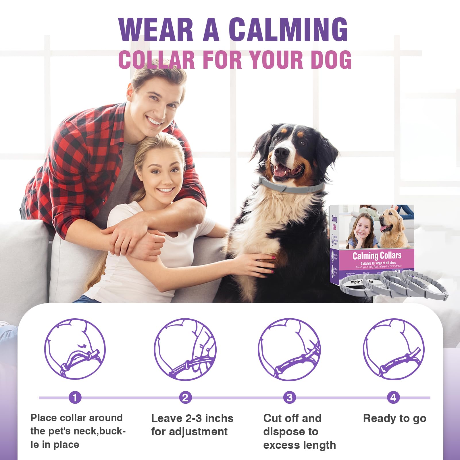 Calming Collar for Dogs 4 Packs Dog Pheromone Calm Collars Relief Anxiety Stress Separation Lasts 60 Days Relieve Bad Behavior 25 Inches Size Flexible Adjustable for All Small Medium and Large Dog