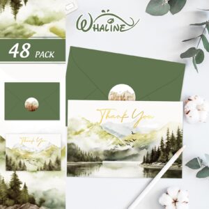 Whaline 48 Pack Watercolor Forest Thank You Card with Envelope Sticker Gold Foil Green Mountains Lake Bird Greeting Cards Blank Note Cards for Baby Shower Birthday Wedding, 4 x 6 Inch