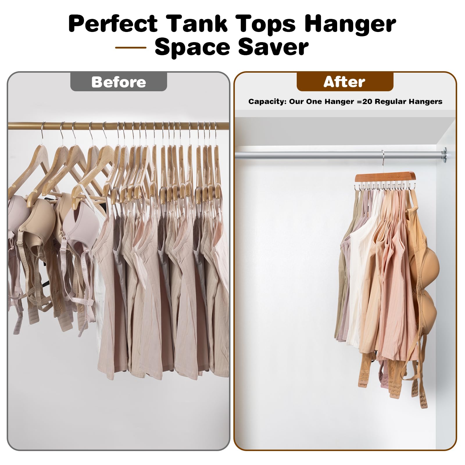 XCX Tank Top Hanger with Rotable Metal Hooks, Wooden Rotatable Bra Hanger, Closet Hanger Organizer for Bras, Camisoles, Bathing Suits, Belts, Carves, Ties (Wood, 2 Pack)