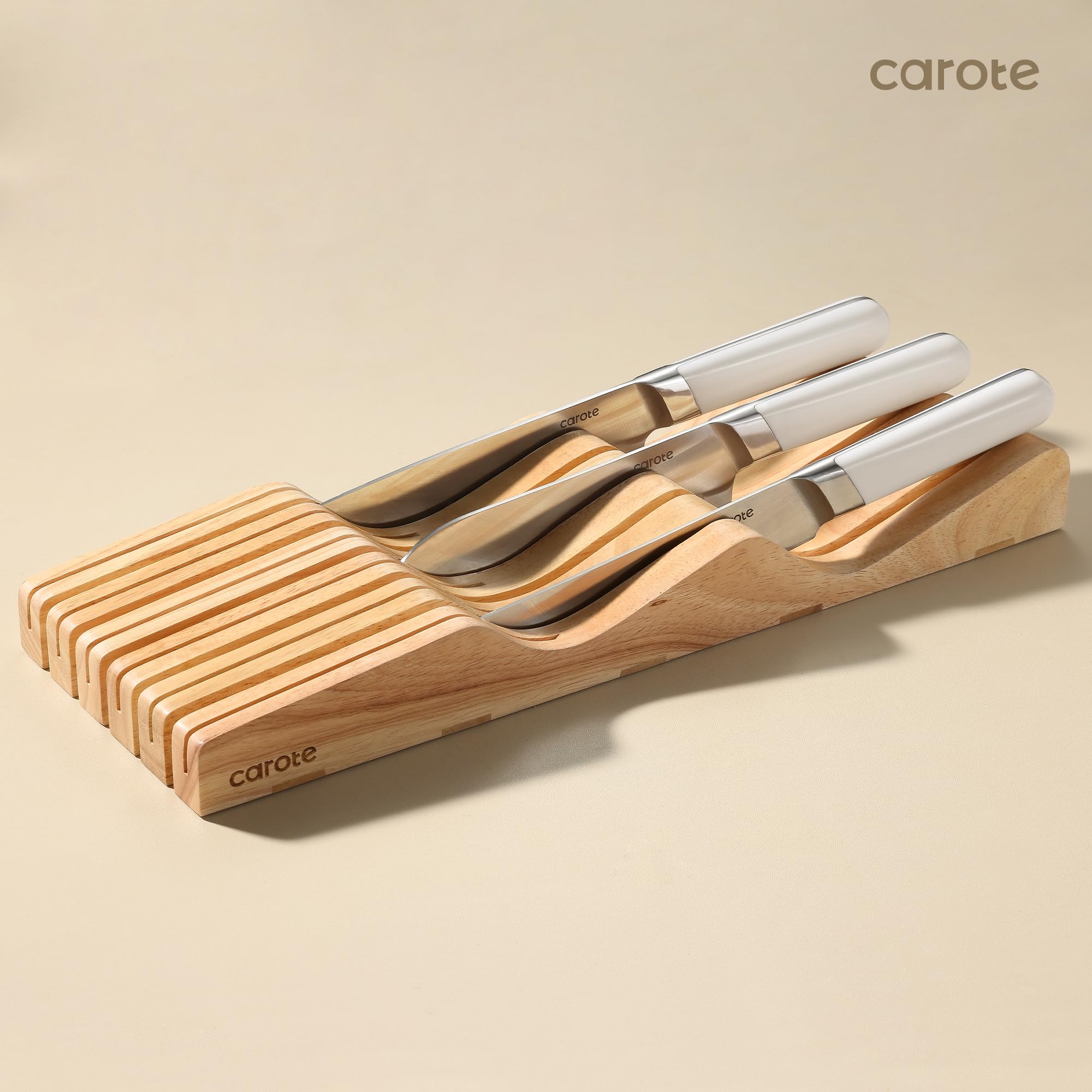 CAROTE 12PCS Knife Set, Stainless Steel Kitchen Knife Set with Drawer Store Kinife Organizer, Cutlery Knife Set with Block, Dishwasher Safe, White (Include Knives)