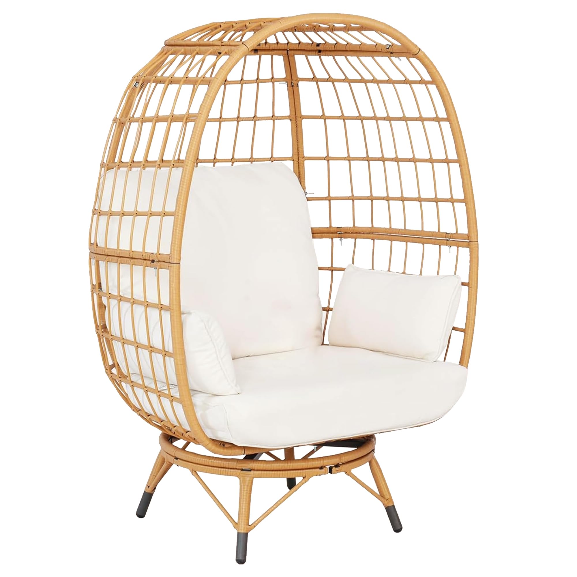 HLNPTN Patio Egg Chair Wicker Outdoor Egg Basket Chairs, Oversized Outdoor Furniture PE Rattan Patio Lounge Chair 440lb Capacity Sofa Seat with Stand & Beige Cushions for Indoor, Living Room, Backyard