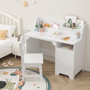 Kids Desk and Chair Set,Study Desk for Kids with Hutch, Storage Cabinet, Wooden Children Study Table, Student Writing Desk Computer Workstation for Kids Bedroom & Study Room,White