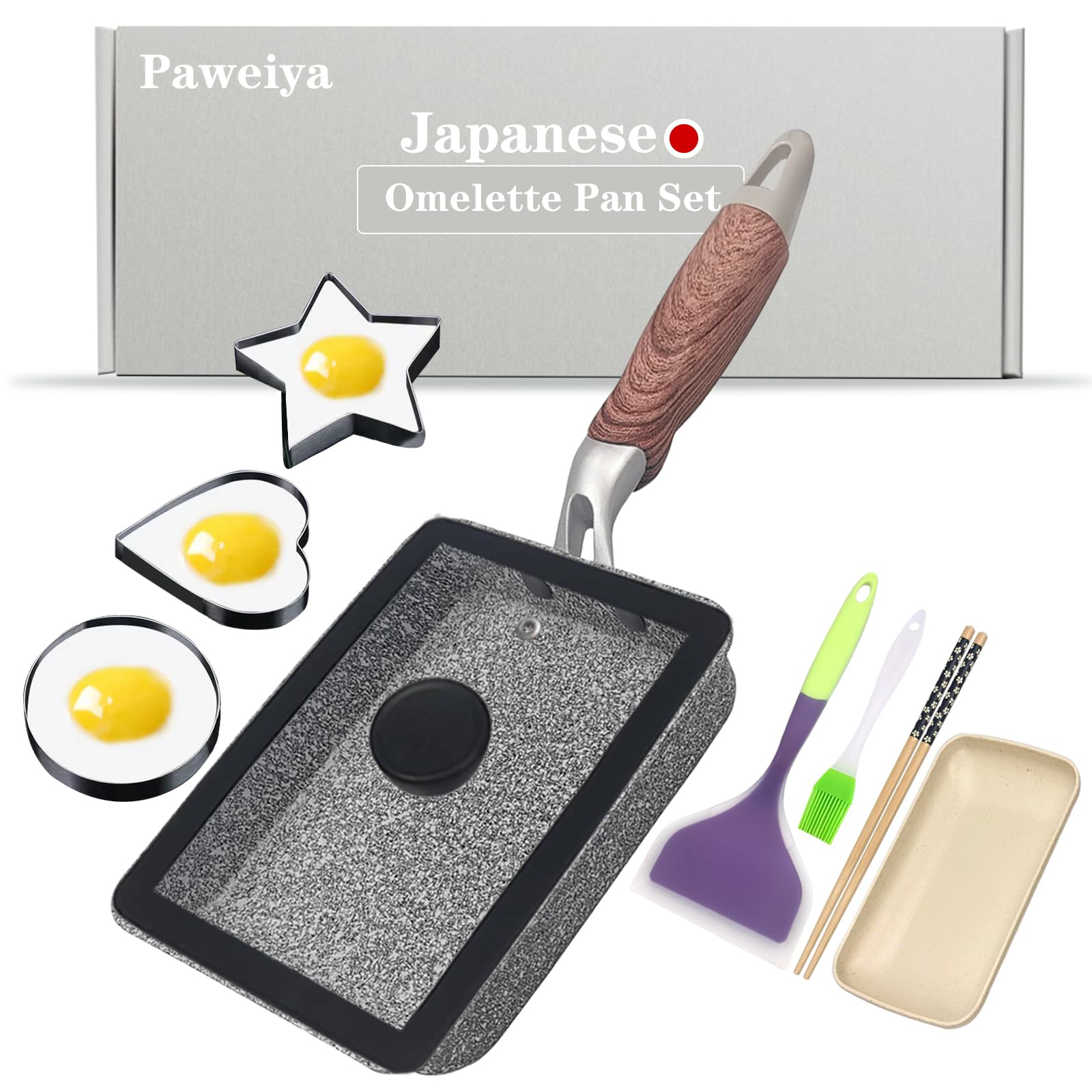 Paweiya Tamagoyaki Pan Set with Lid, Japanese Omelette Pan Nonstick, Square Japanese Egg Pan, Tamago Pan Rectangle, 5"×7" Grey