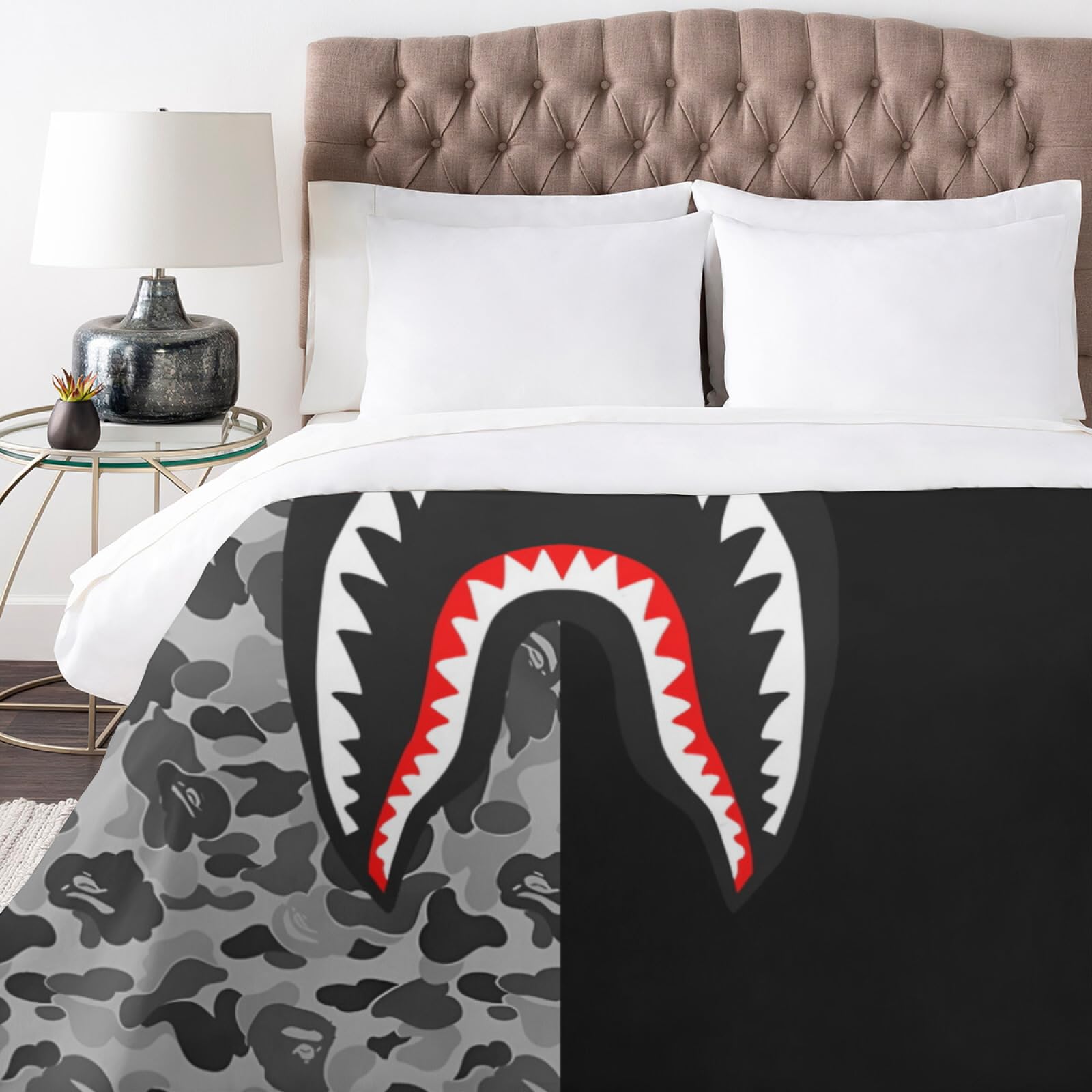 LZZIT Shark Mouth Camo Bedding Set Boys Shark Mouth Camo Duvet Cover and Pillow Cases 3 Pieces,Queen Comforter Cover Set, Full