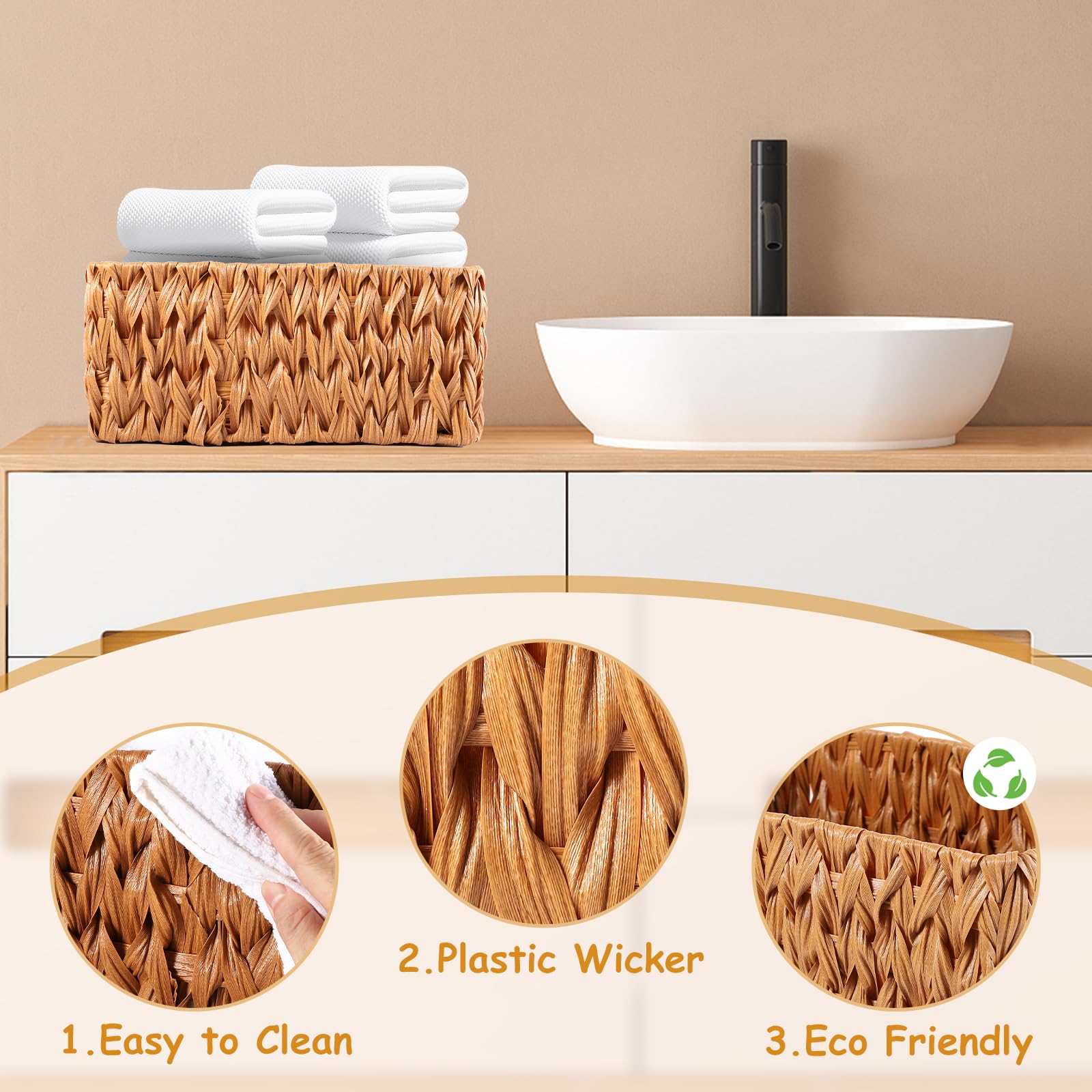 XLHOMO Bathroom Wicker Baskets Large for Shelves, Organizing, Waterproof Woven Storage with Handle for Toilet Shelf Baskets, Laundry Room, 3-Pack (Caramel, Large)