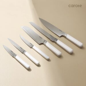 CAROTE 12PCS Knife Set, Stainless Steel Kitchen Knife Set with Drawer Store Kinife Organizer, Cutlery Knife Set with Block, Dishwasher Safe, White (Include Knives)