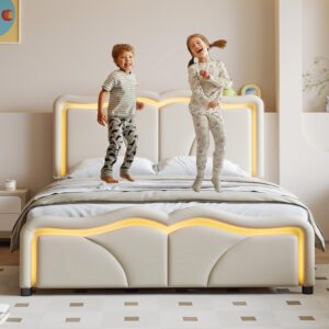 full size pu upholstered platform bed,bed frame with led lights,bedstead with adjustable headboard height,suitable for kids teenagers, boys, girls no box spring needed, easy assembly (white, full)