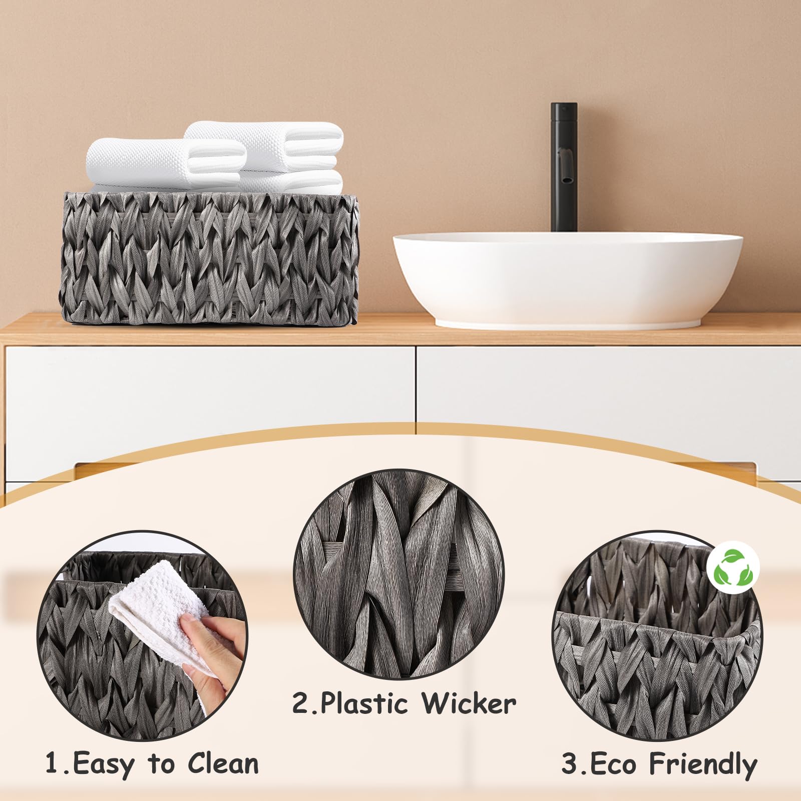 XLHOMO Bathroom Wicker Baskets Large for Shelves, Organizing, Waterproof Woven Storage with Handle for Toilet Shelf Baskets, Laundry Room, 3-Pack (Gray, Large)