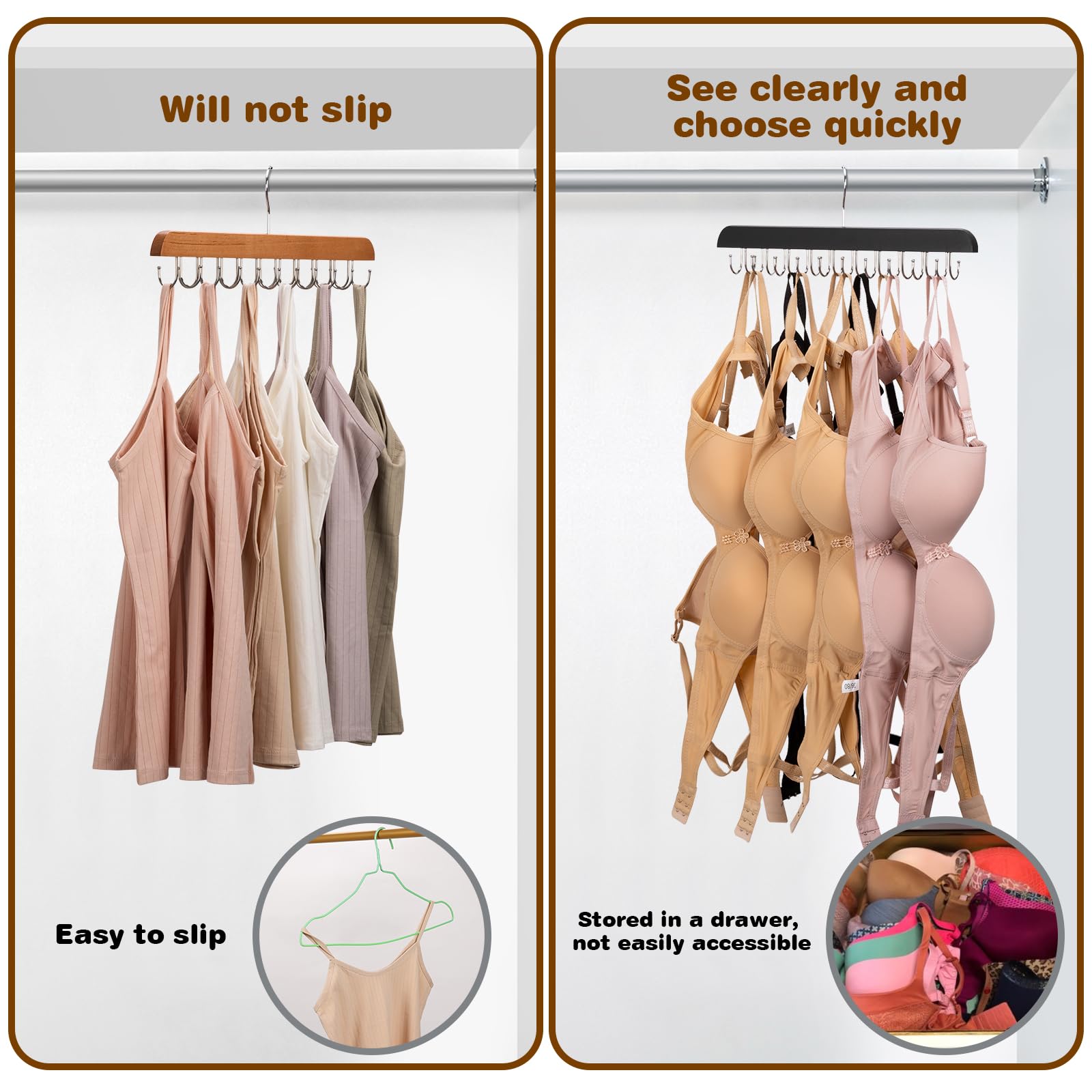 XCX Tank Top Hanger with Rotable Metal Hooks, Wooden Rotatable Bra Hanger, Closet Hanger Organizer for Bras, Camisoles, Bathing Suits, Belts, Carves, Ties (Wood, 2 Pack)