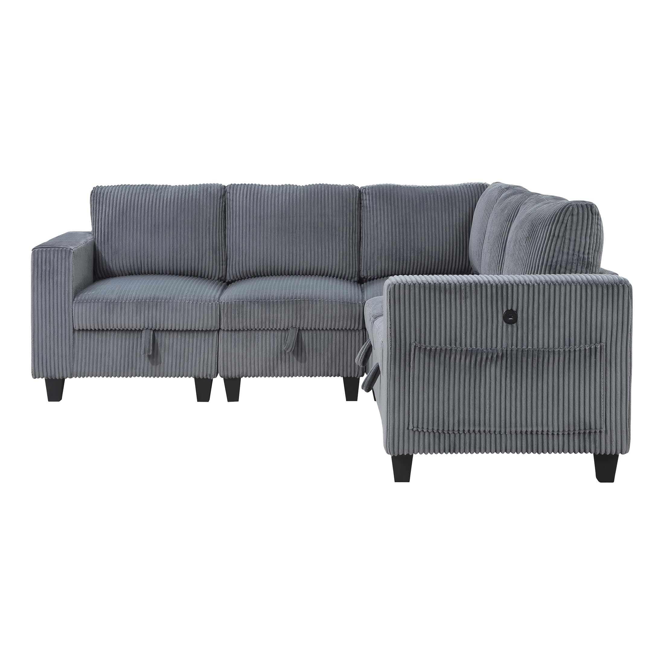 Lexicon Modular Sectional Sofa for Living Room, Corduroy Sofa Couch with Storage Pouches, and Charging Port, Customizable Sectional Sofa Couch for Living Room Furniture, 5 Seater L-Shaped Couch, Grey