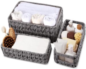 xlhomo bathroom wicker baskets large for shelves, organizing, waterproof woven storage with handle for toilet shelf baskets, laundry room, 3-pack (gray, large)