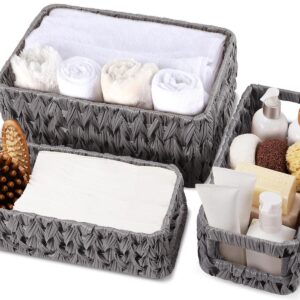 XLHOMO Bathroom Wicker Baskets Large for Shelves, Organizing, Waterproof Woven Storage with Handle for Toilet Shelf Baskets, Laundry Room, 3-Pack (Gray, Large)