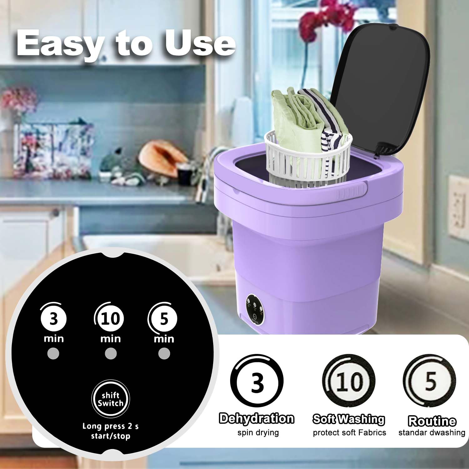 Portable Washing Machine, 12L Large Capacity Mini Washing Machine, Foldable Collapsible Washer and Dryer with Spin for Travel, Socks, Baby Clothes (Purple)