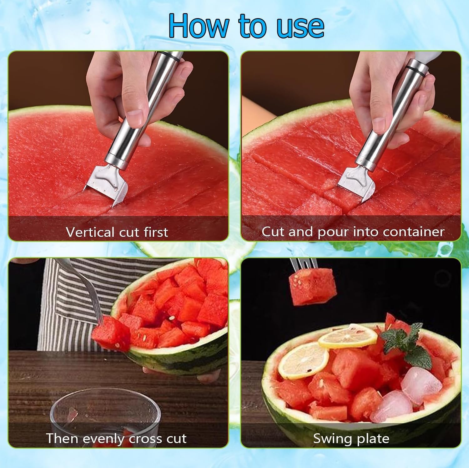 Generic 2024 Watermelon Cutter, 2-in-1 Stainless Steel Fruit Knife Watermelon Fork Slicer Cutter Slicer Tool Dual Head Fruit Forks Slicer Knife Summer Portable Fruit Cutting Knife Fork for Home