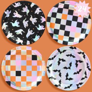 xo, fetti halloween plates - 24 pcs | halloween tablescape, spooky season setting, haunted house party, checkered kids table decor