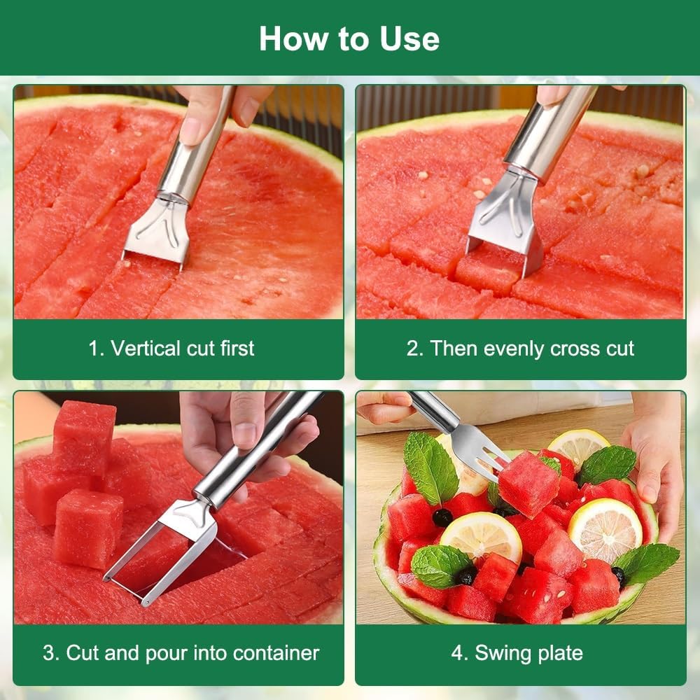 Upgraded 2-in-1 Stainless Steel Fruit Cutter，2024 Newest Watermelon Slicer Watermelon Cutter Melon Cutter Tool，Dual Head Fruit Forks Slicer Watermelon Cutter Tool, Summer Fruit Cutting Fork for Home