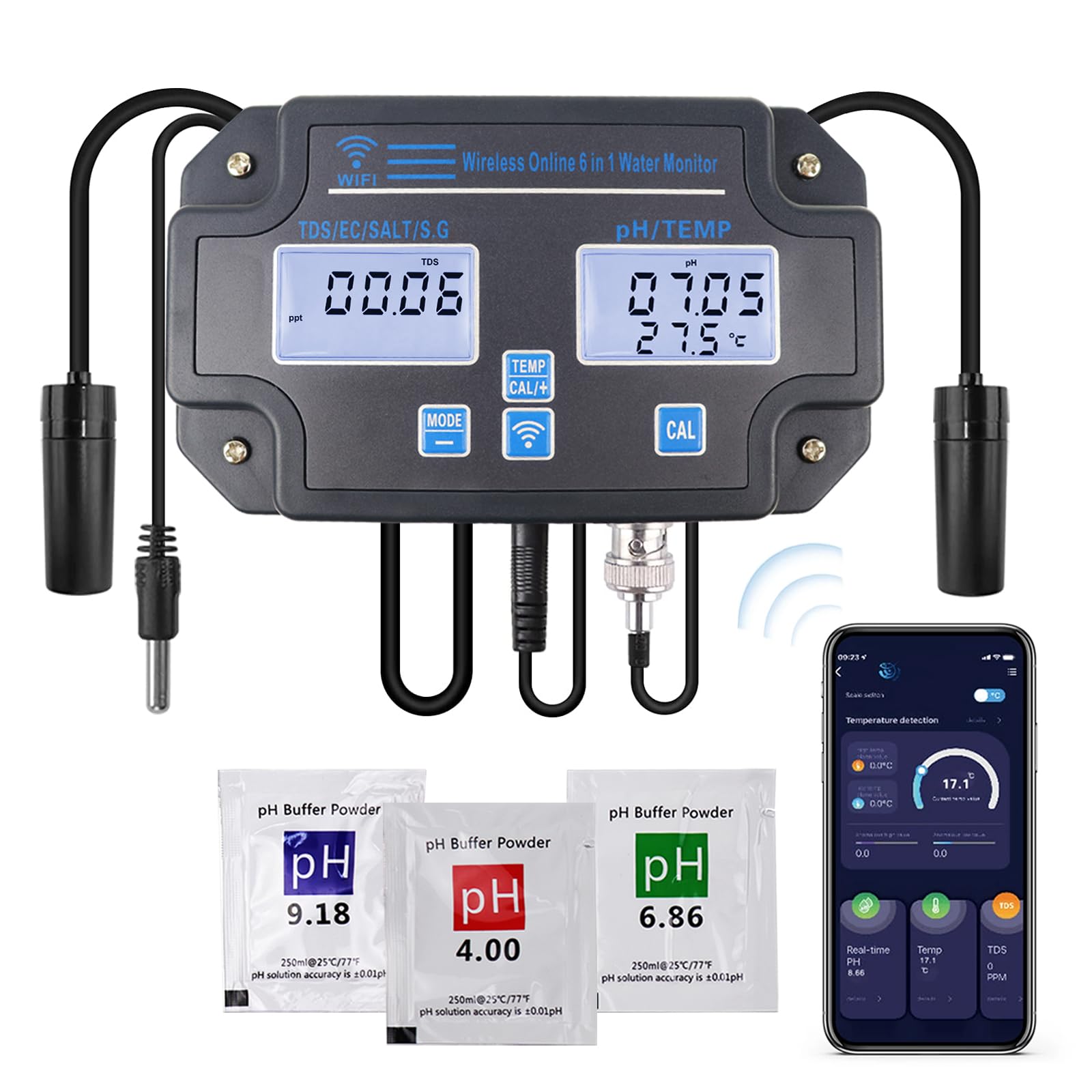 DANOPLUS Wireless Smart Water Quality Tester, Continuous App Monitoring for pH, EC, TDS, Salinity, SG, and Temperature Mountable with Alarm for Aquariums & Hydroponics