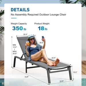 BSTOKCAM Set of 2 Chaise Lounge Chair, Foldable Outdoor Tanning Chaise Lounge with 5 Level Adjustable Backrest, Stainless Aluminum Lounge Chair for Patio, Pool, Beach - Grey