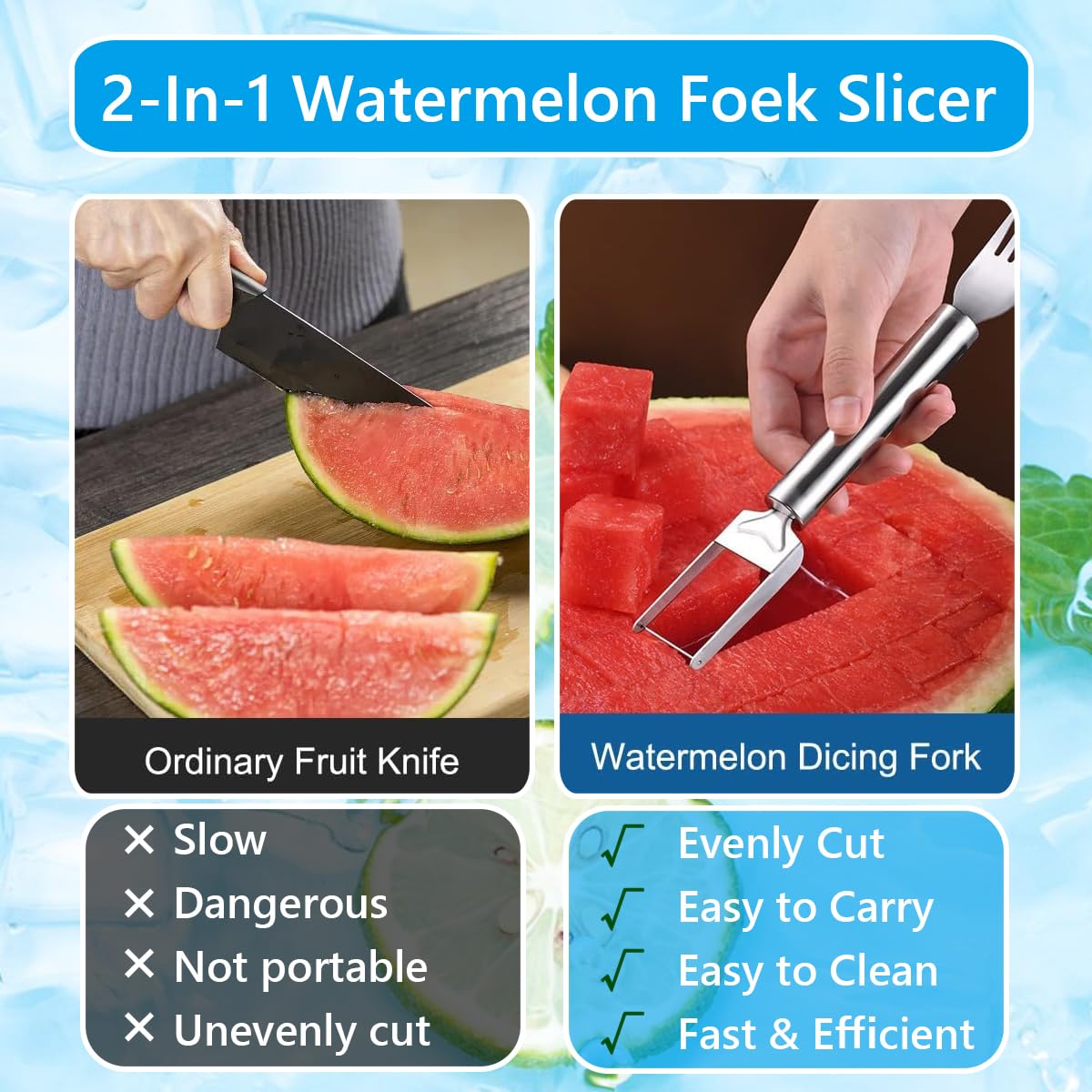 Generic 2024 Watermelon Cutter, 2-in-1 Stainless Steel Fruit Knife Watermelon Fork Slicer Cutter Slicer Tool Dual Head Fruit Forks Slicer Knife Summer Portable Fruit Cutting Knife Fork for Home