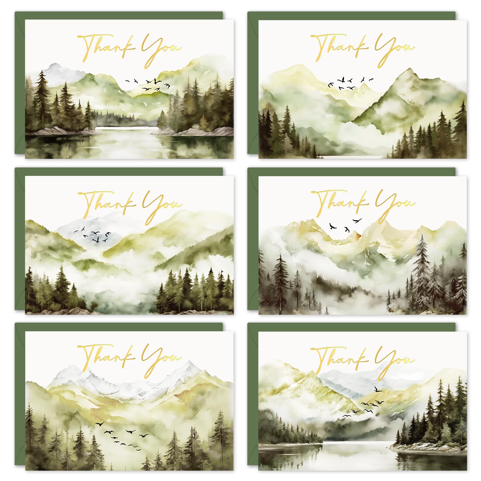 Whaline 48 Pack Watercolor Forest Thank You Card with Envelope Sticker Gold Foil Green Mountains Lake Bird Greeting Cards Blank Note Cards for Baby Shower Birthday Wedding, 4 x 6 Inch