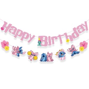 pink birthday banner, cartoon happy birthday banner pink cute party decoration for girls kids birthday party baby shower cartoon sign decorations