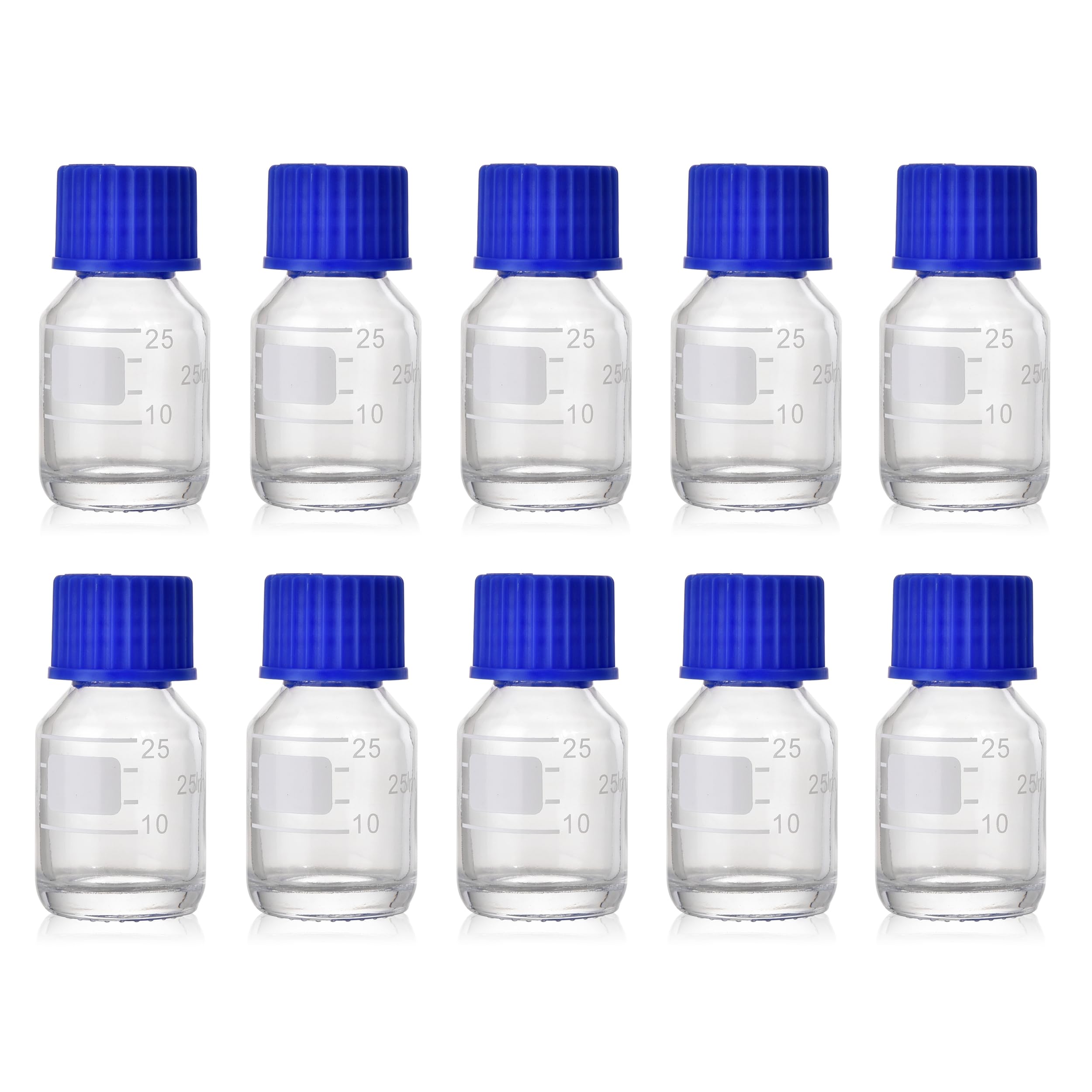 Kestun 10 Packs Reagent Media Storage Bottles, 25ml Borosilicate Glass Graduated Round Bottles with GL25 Blue Screw Cap for Lab Water Reagent Liquids (Clear, 25ML)