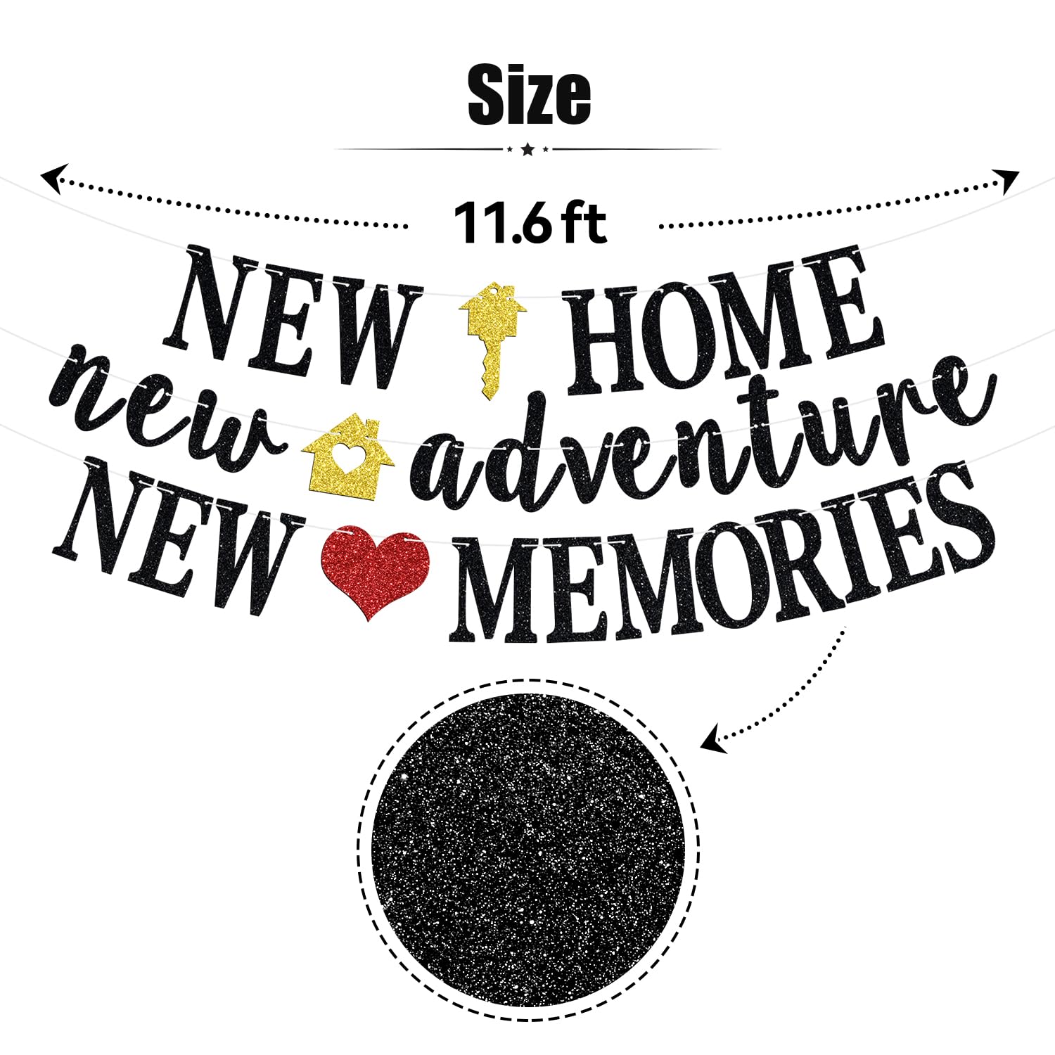 New Home New Adventure New Memories Banner, New Home New Chapter/Sweet Home/Our First Home Housewarming Party Backdrop, Pre-strung New Couple/Housewarming/Family Reunion Party Bunting Sign, Black Glitter