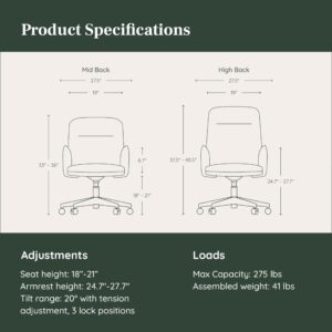 Branch Softside Mid Century Modern Office Chair, Vegan Leather - Removable Arms & High Back Design with Luxury Cloud-Like Comfort - Adjustable Height - Integrated Lumbar Support - Canyon