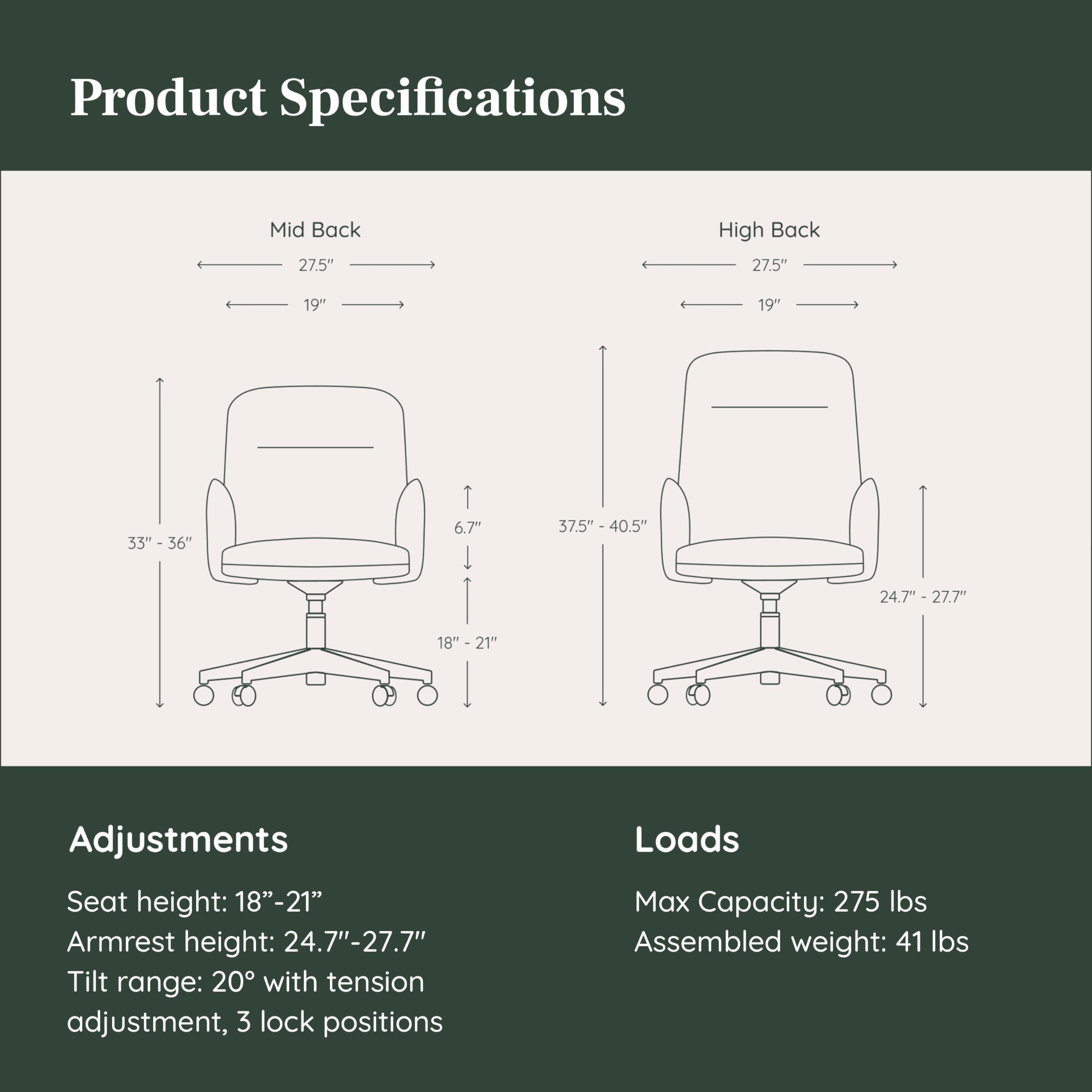 Branch Softside Mid Century Modern Office Chair, Fabric - Removable Arms & Mid Back Design with Luxury Cloud-Like Comfort - Adjustable Height - Integrated Lumbar Support - Overcast