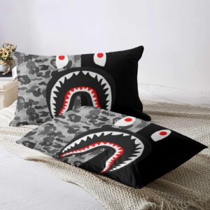 LZZIT Shark Mouth Camo Bedding Set Boys Shark Mouth Camo Duvet Cover and Pillow Cases 3 Pieces,Queen Comforter Cover Set, Full