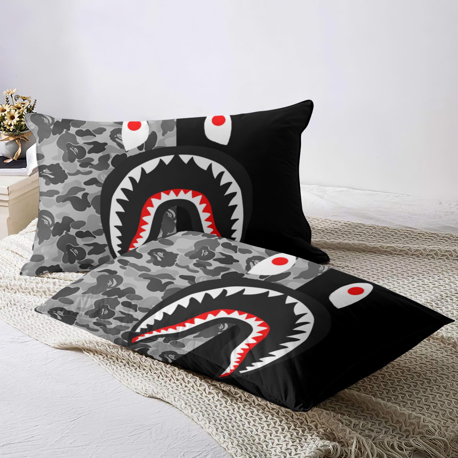 LZZIT Shark Mouth Camo Bedding Set Boys Shark Mouth Camo Duvet Cover and Pillow Cases 3 Pieces,Queen Comforter Cover Set, Full