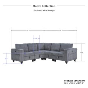 Lexicon Modular Sectional Sofa for Living Room, Corduroy Sofa Couch with Storage Pouches, and Charging Port, Customizable Sectional Sofa Couch for Living Room Furniture, 5 Seater L-Shaped Couch, Grey