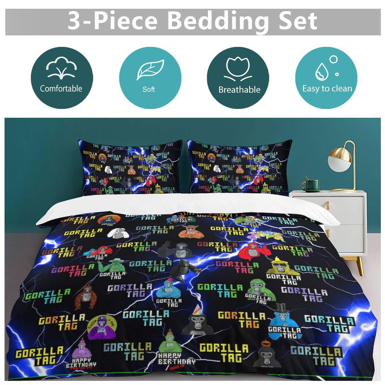 Generic Gorilla Tag Bed Duvet Cover VR Game Cartoon Bedding Set 3D Lightweight 3 Piece Quilt Set, 1 Duvet Cover and 2 Pillowcases for Kids Boys Girls 90""×90"", Queen