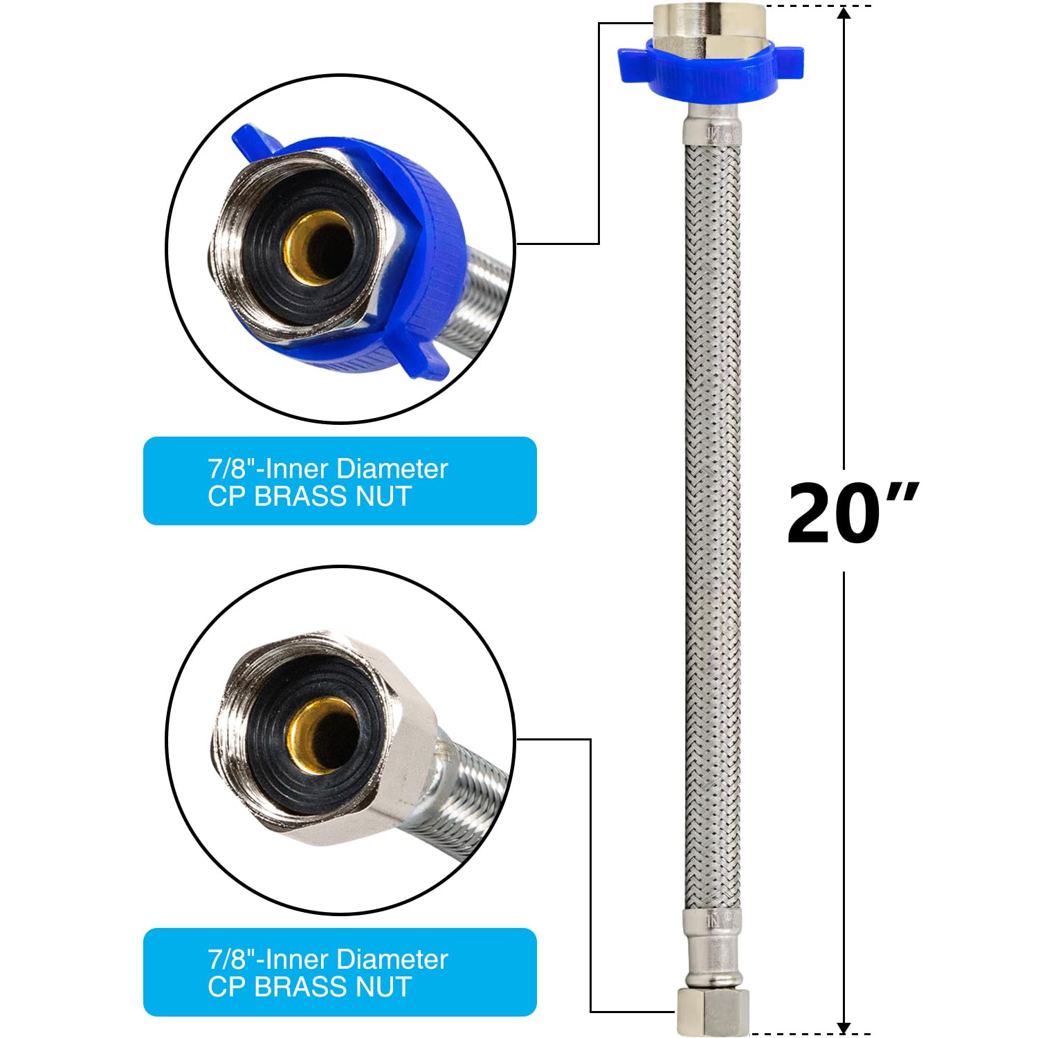 Toilet Connector, 20-Inch Stainless Steel Braided Hose with 1/2" Inch Ballcock Nuts, 1/2" Inch Compression