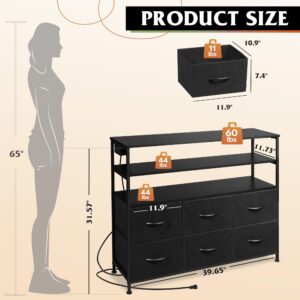 WLIVE Led Dresser for Bedroom, Black Dresser TV Stand for Bedroom with LED Lights and Power Outlet, Wide Chest of Drawers with Open Shelves for Entryway, 6 Fabric Drawers and Wood Top for Living Room