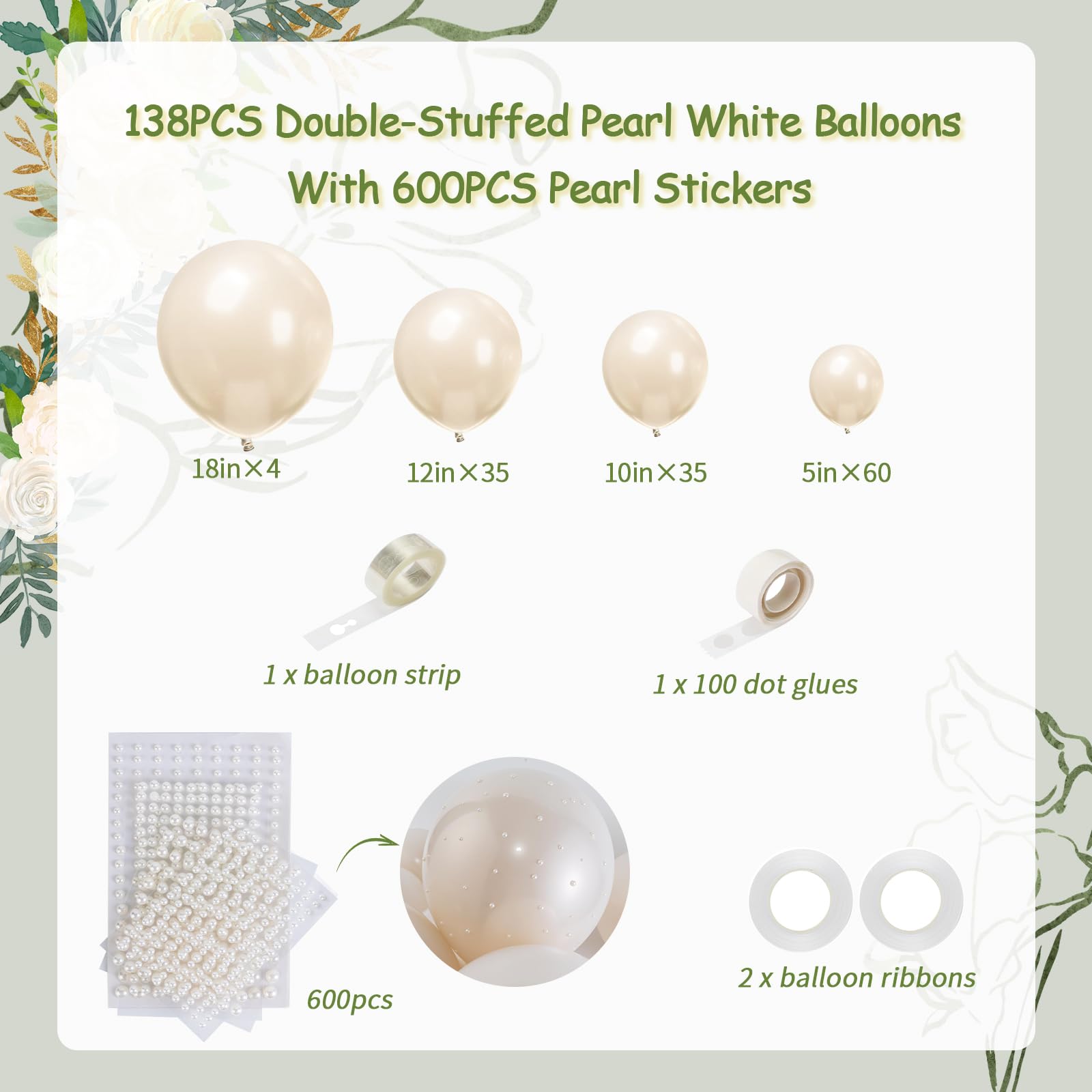 134PCS Pearl White Double-Stuffed Balloons Garland Arch Kit With 600PCS Pearl Stickers,18/12/10/5 inch Different Size Pearl Ivory Balloons for Wedding Bridal Shower Engagement Decorations