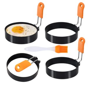 3.5" egg rings set of 4 with silicone handle, large ring for frying eggs, round mold for english muffins - griddle cooking shaper for indoor camping breakfast sandwiches w/silicone oil brush