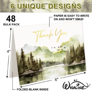 Whaline 48 Pack Watercolor Forest Thank You Card with Envelope Sticker Gold Foil Green Mountains Lake Bird Greeting Cards Blank Note Cards for Baby Shower Birthday Wedding, 4 x 6 Inch