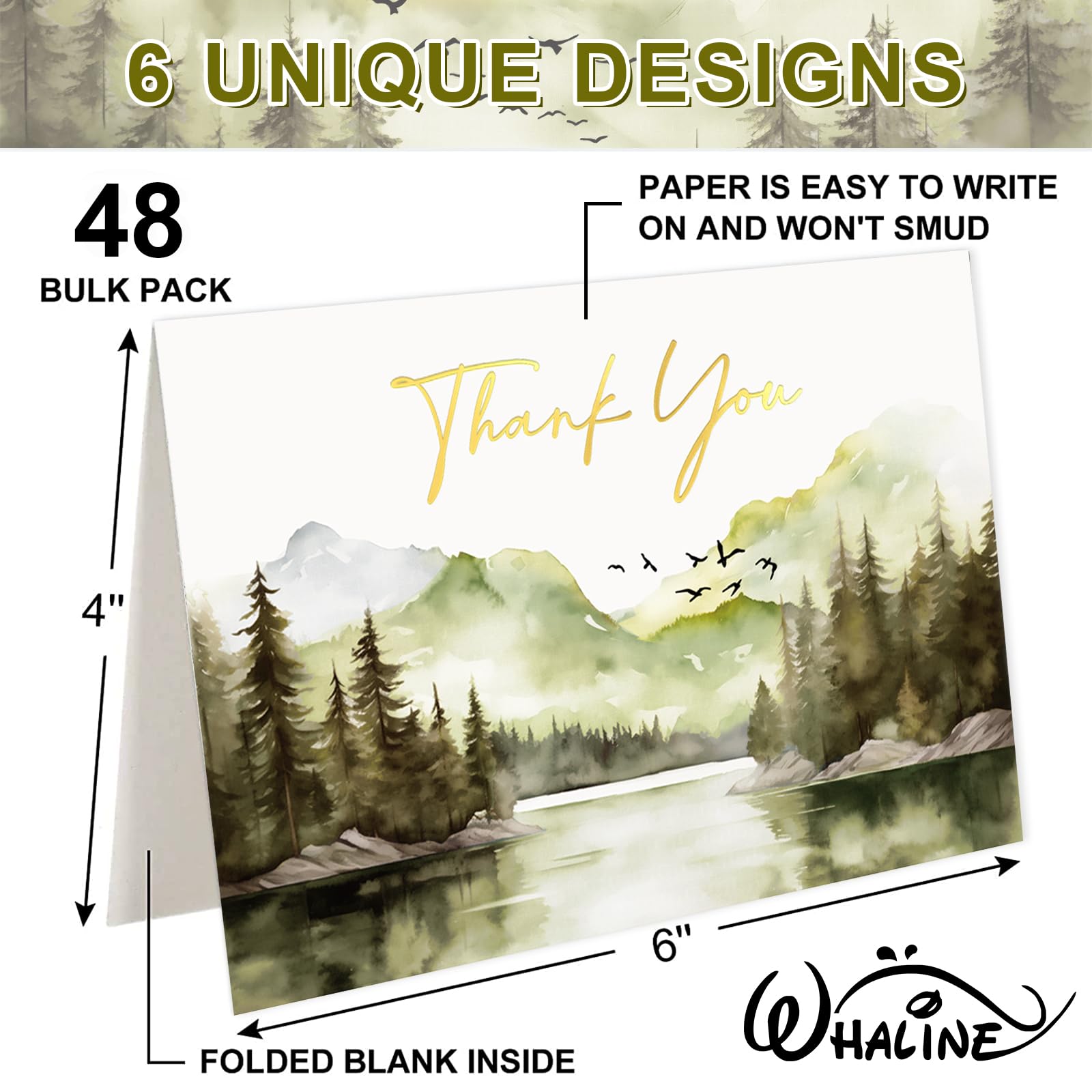 Whaline 48 Pack Watercolor Forest Thank You Card with Envelope Sticker Gold Foil Green Mountains Lake Bird Greeting Cards Blank Note Cards for Baby Shower Birthday Wedding, 4 x 6 Inch