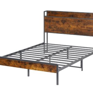 Full Size Bed Frame with Headboard and Storage Shelf, Metal Bed Frame with Charging Station(USB Port, Outlets), No Box Spring Needed, Noise Free, Full Bed Frame Rustic Brown (Rustic Brown, Full)