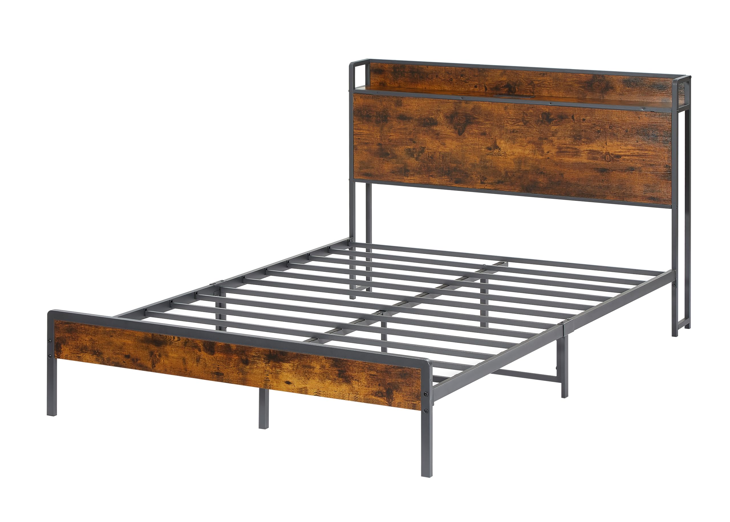 Full Size Bed Frame with Headboard and Storage Shelf, Metal Bed Frame with Charging Station(USB Port, Outlets), No Box Spring Needed, Noise Free, Full Bed Frame Rustic Brown (Rustic Brown, Full)