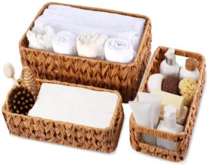 xlhomo bathroom wicker baskets large for shelves, organizing, waterproof woven storage with handle for toilet shelf baskets, laundry room, 3-pack (caramel, large)